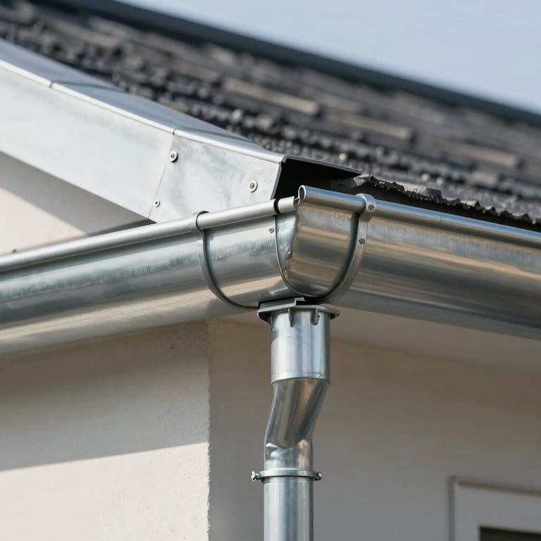 Detailed view of a perfectly installed zinc gutter system on a clean roof edge.
