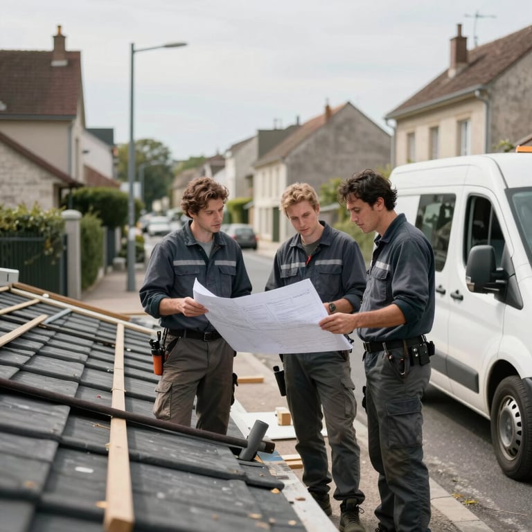 A professional roofing team discussing plans next to a van in a French suburban street.