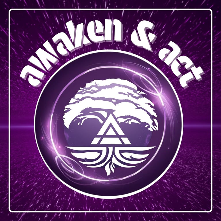 Awaken & Act purple digital graphic featuring a white tree of life logo and geometric symbols.