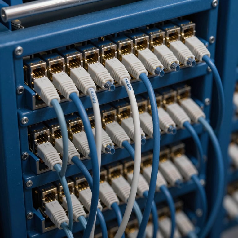 Structured networking cables organized in a deep ocean blue rack, macro photography.