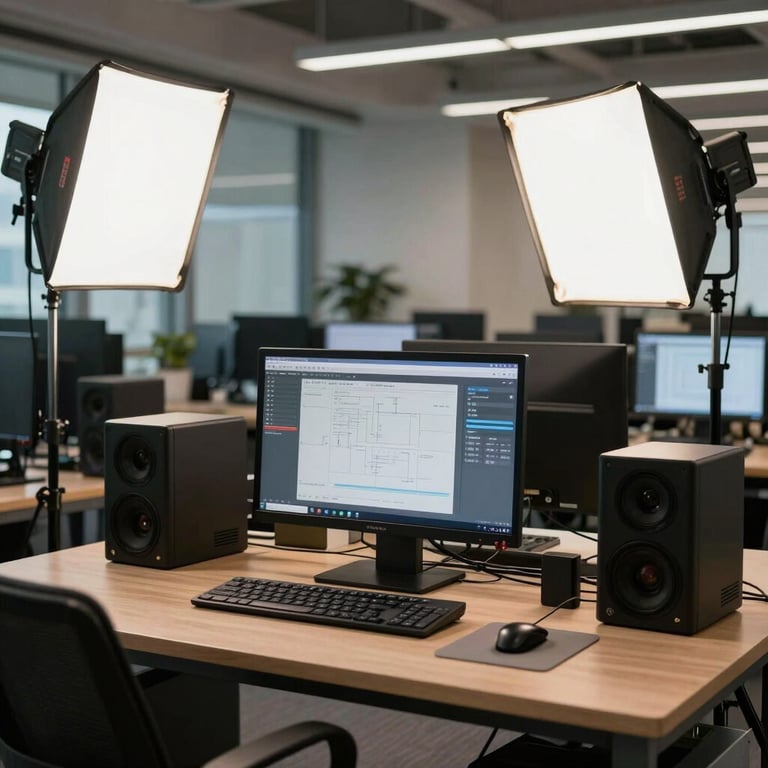 A digital workstation setup with professional lighting in a Hong Kong technology park.