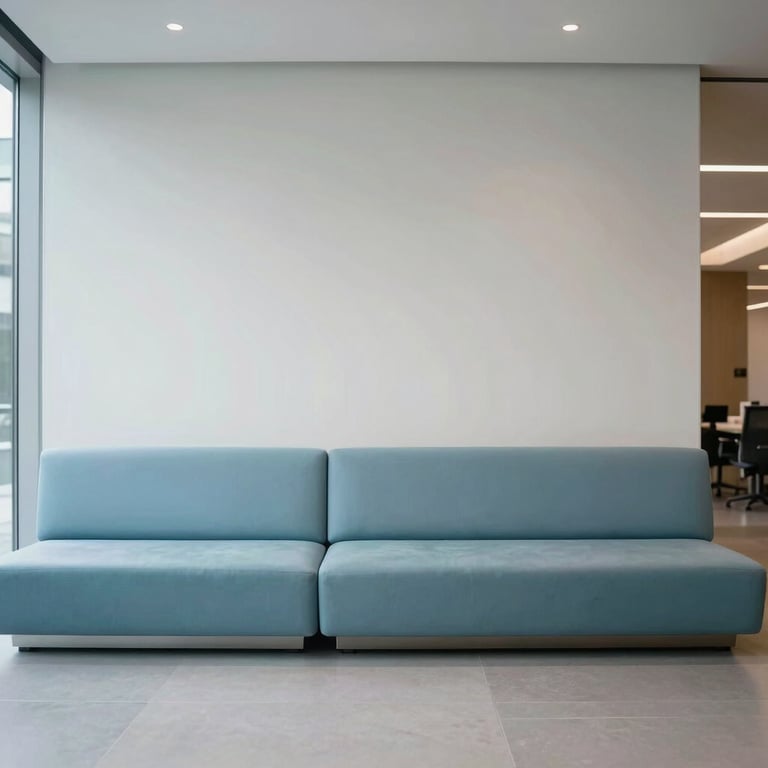 Minimalist lobby of a tech firm in Hong Kong with muted sky blue seating.