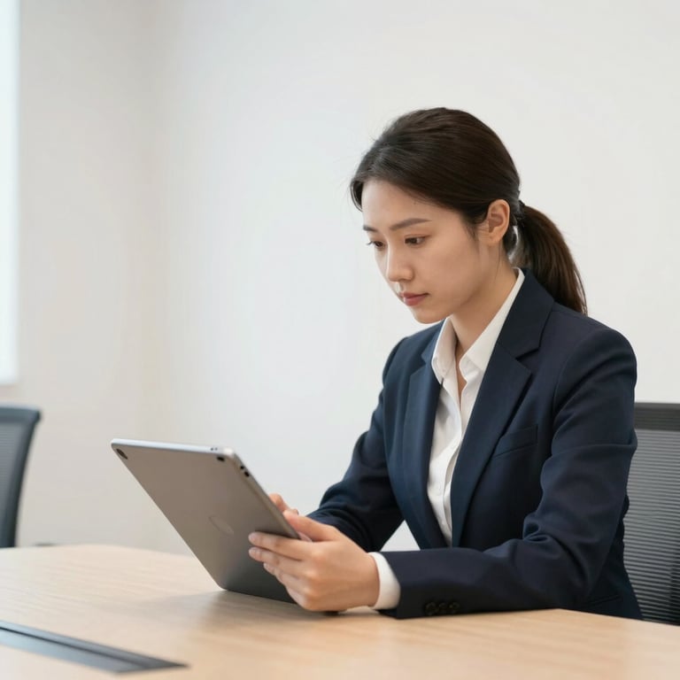 A professional using a tablet in a bright, soft off-white meeting room in Hong Kong.