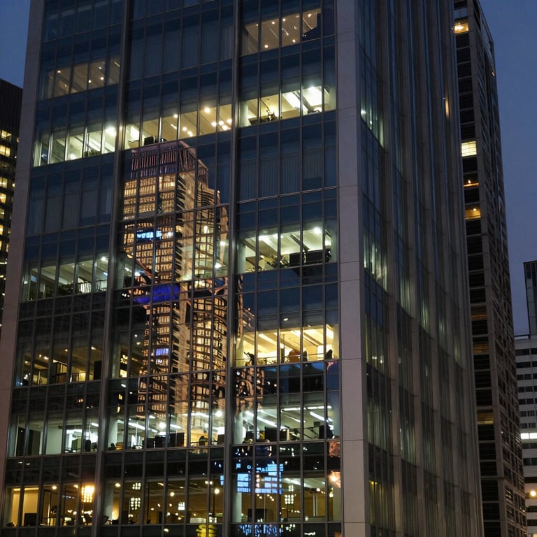 Reflection of city lights in a glass window of a high-rise tech office in Hong Kong.