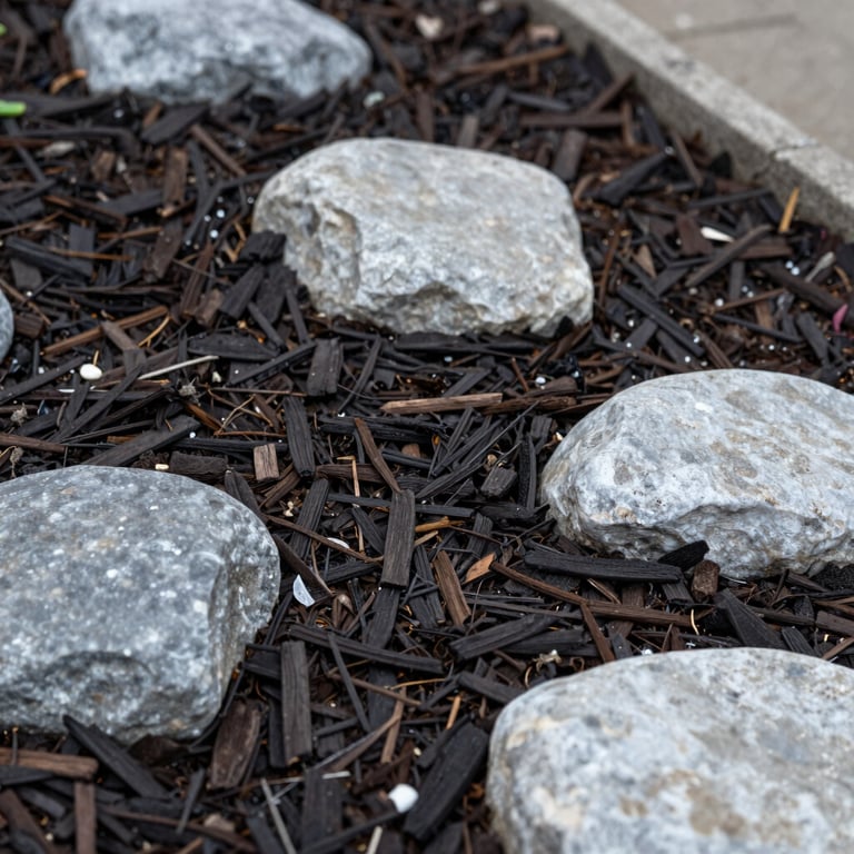 Detailed view of a freshly edged garden bed with dark mulch and soft mist white stone accents.