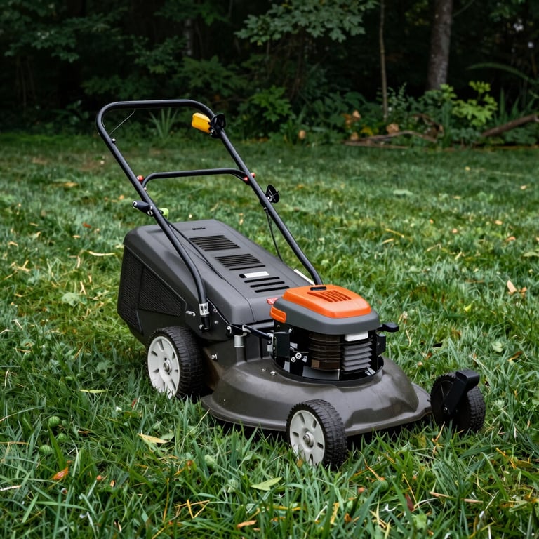 A crisp photograph of a walk-behind mower creating clean stripes on a deep forest green North American lawn.