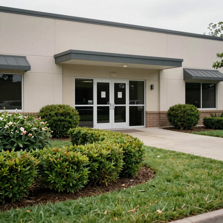 The well-maintained entrance of a small commercial building with healthy, trimmed shrubbery and green grass.
