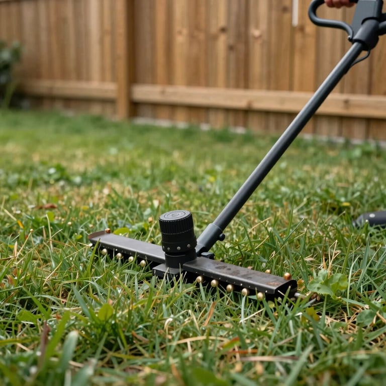 A close-up of a string trimmer accurately defining a grass border against a wooden fence.