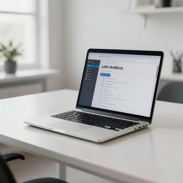 A bright, modern workspace in Latin America with a high-end laptop and a clean desk, reflecting a professional atmosphere.