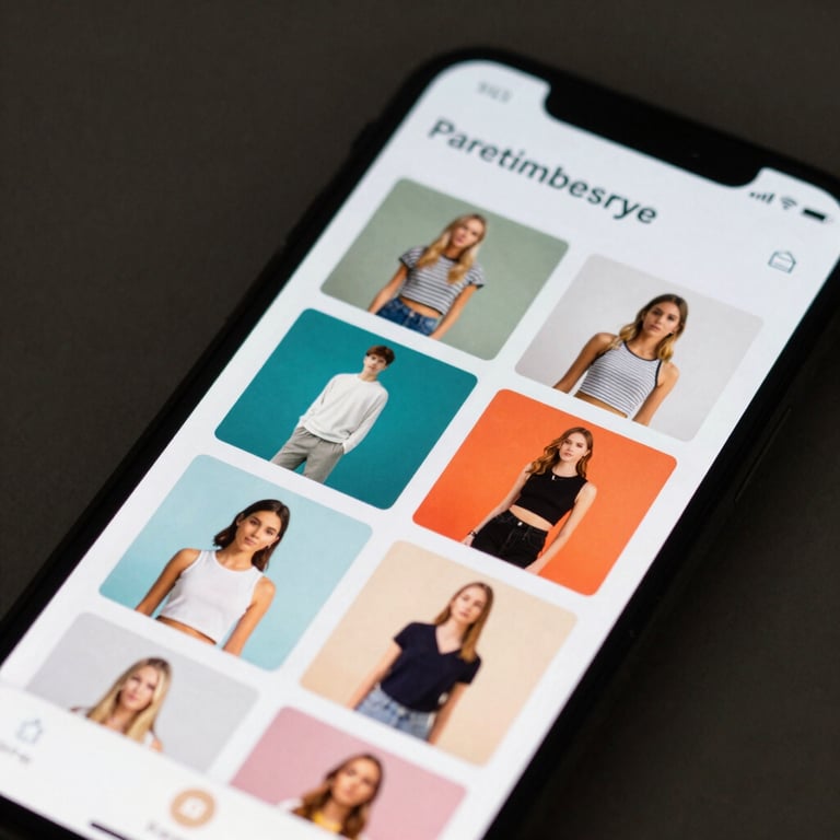Close-up of a smartphone showing a mobile-responsive catalog layout with vibrant product images and clean typography.