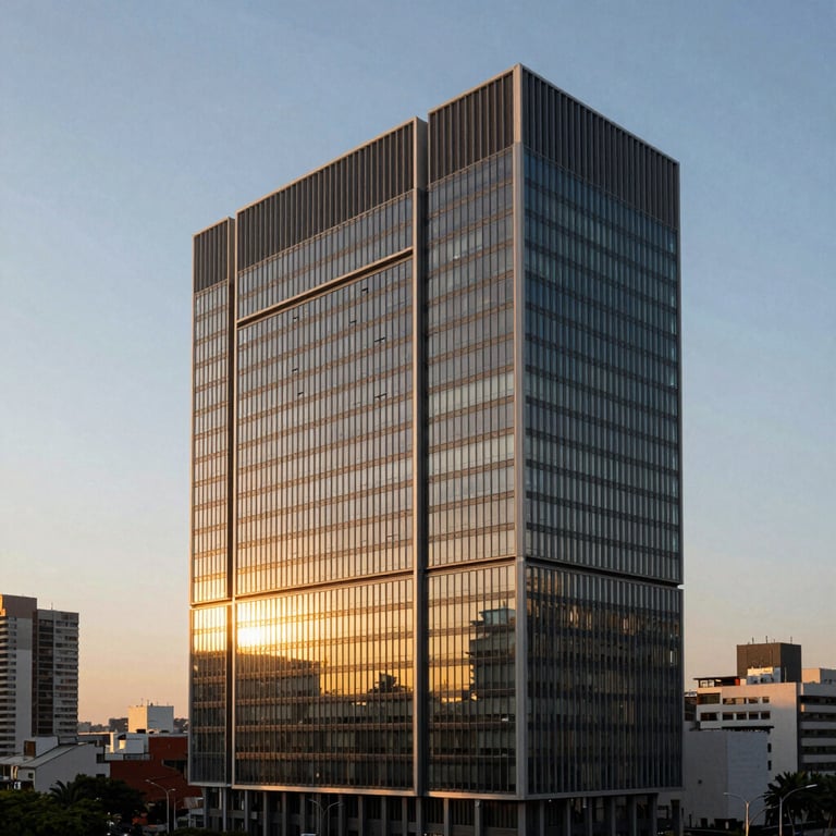 Minimalist architectural shot of a modern business center in a Latin American city during golden hour, highlighting sophistication.
