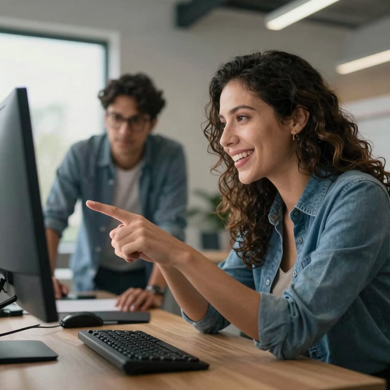 An optimistic Latin American professional pointing at a monitor in a light-filled creative studio, emphasizing teamwork and speed.