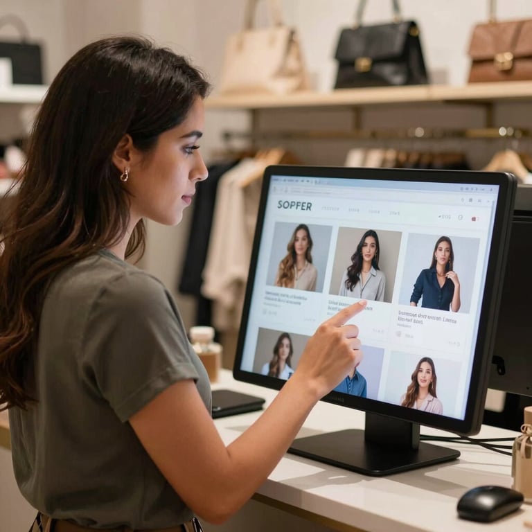 A stylish Latin American shop owner reviewing their digital catalog on a screen inside their boutique, showcasing success.