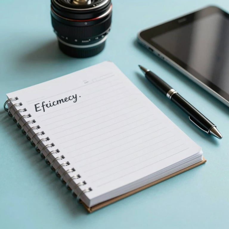 Still life of a planner, a pen, and a tablet on a desk with a mint blue background, symbolizing organized efficiency.