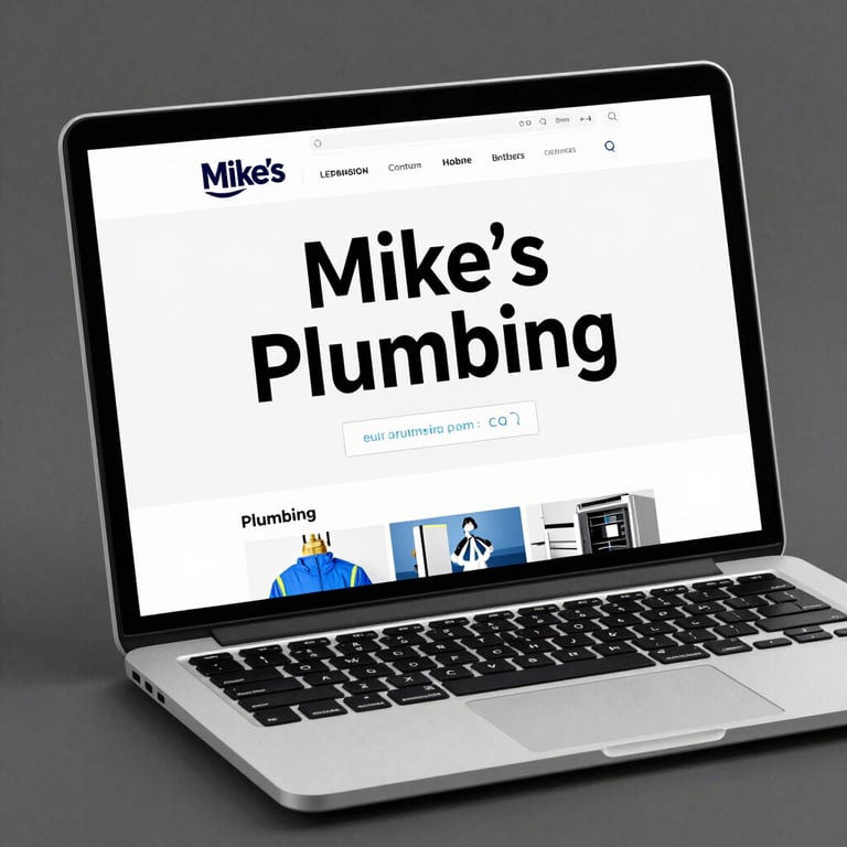 High-fidelity modern laptop mockup displaying a clean blue and white contractor website on a desk, bright daylight, sharp focus