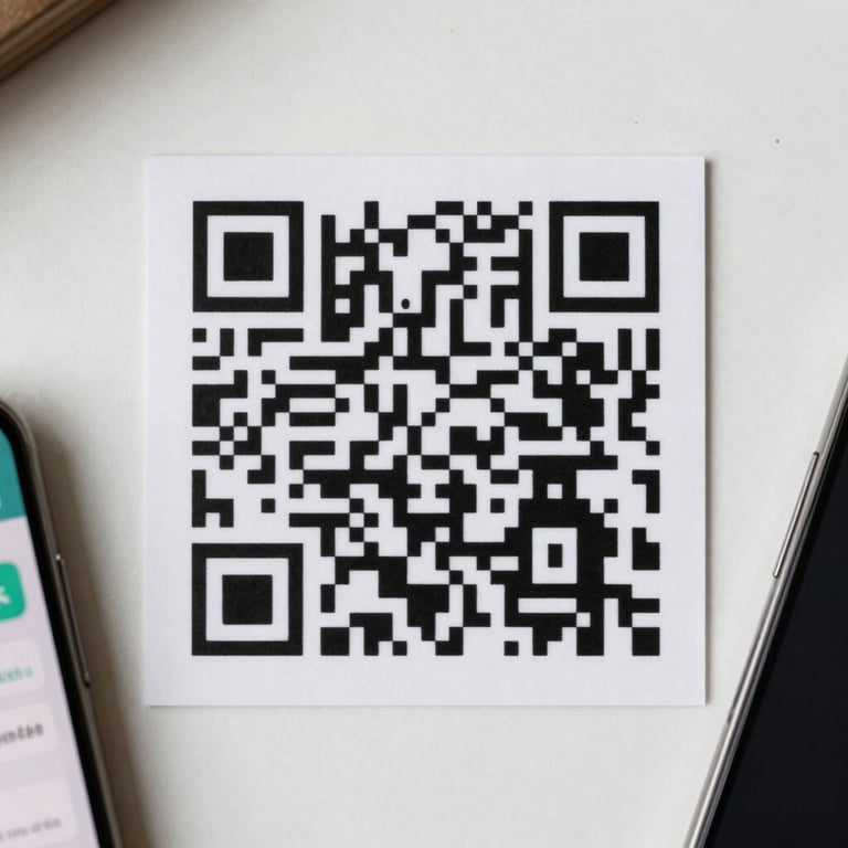 Large square QR code centered on a clean white card surface, photographed flat-lay overhead under soft diffused daylight, smartphone partially visible at the frame edge showing a fare breakdown screen, no text overlays