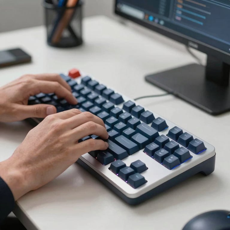 A close-up of a software developer's hands typing on a high-end mechanical keyboard in a bright Kitchener tech office, with light gray and deep blue tones.