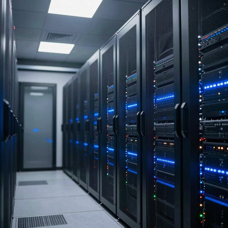 A modern, clean data center aisle in Canada with soft blue LED lights, representing secure SaaS hosting and reliable infrastructure.