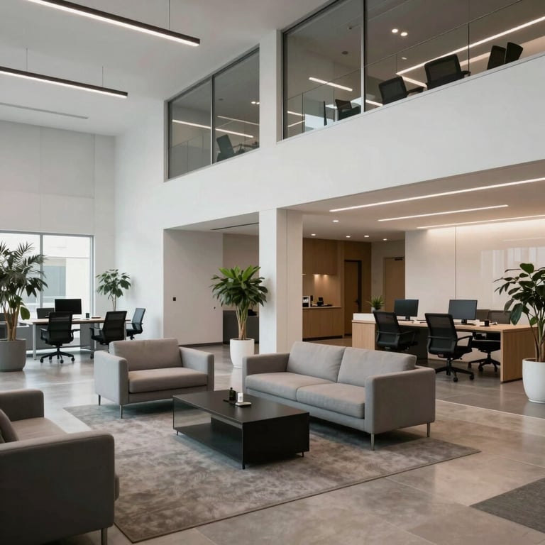 A wide shot of a modern office lobby in Ontario with minimalist furniture and a professional, tech-focused aesthetic.