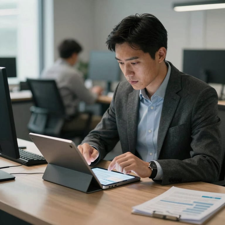 A focused North American professional analyzing data on a sleek tablet in a well-lit, professional office environment.