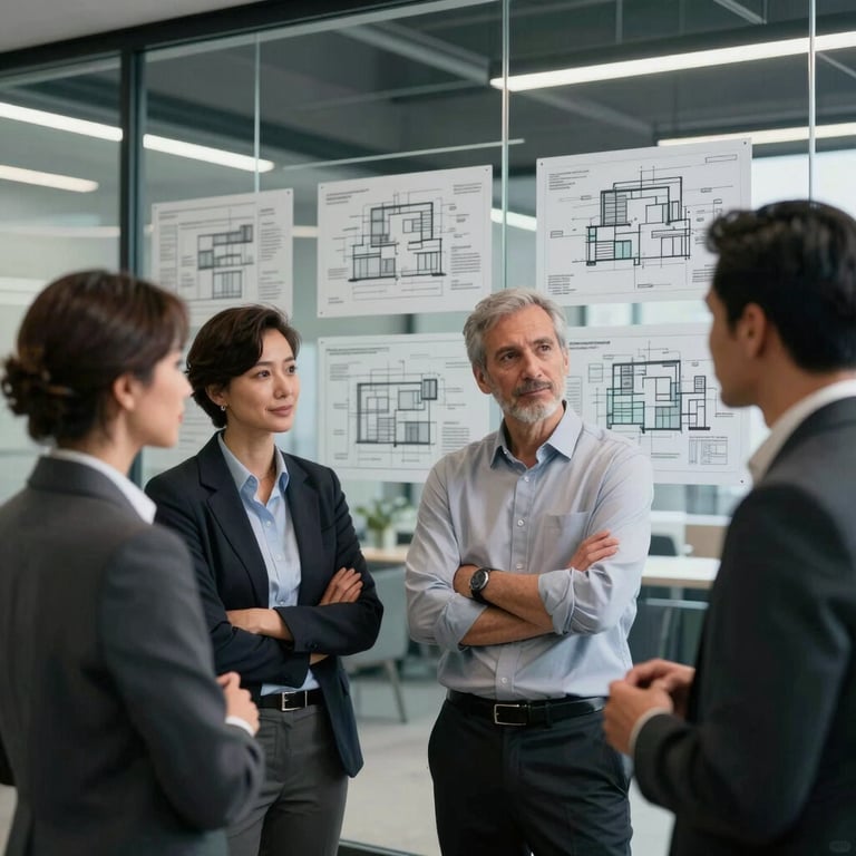 Team members in professional North American attire collaborating in front of a glass wall filled with architectural software diagrams.