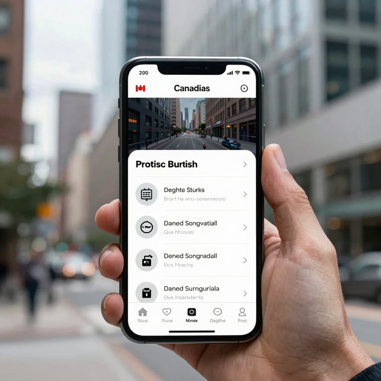 A crisp, clear view of a smartphone displaying a sleek mobile application interface, held against a modern urban Canadian background.