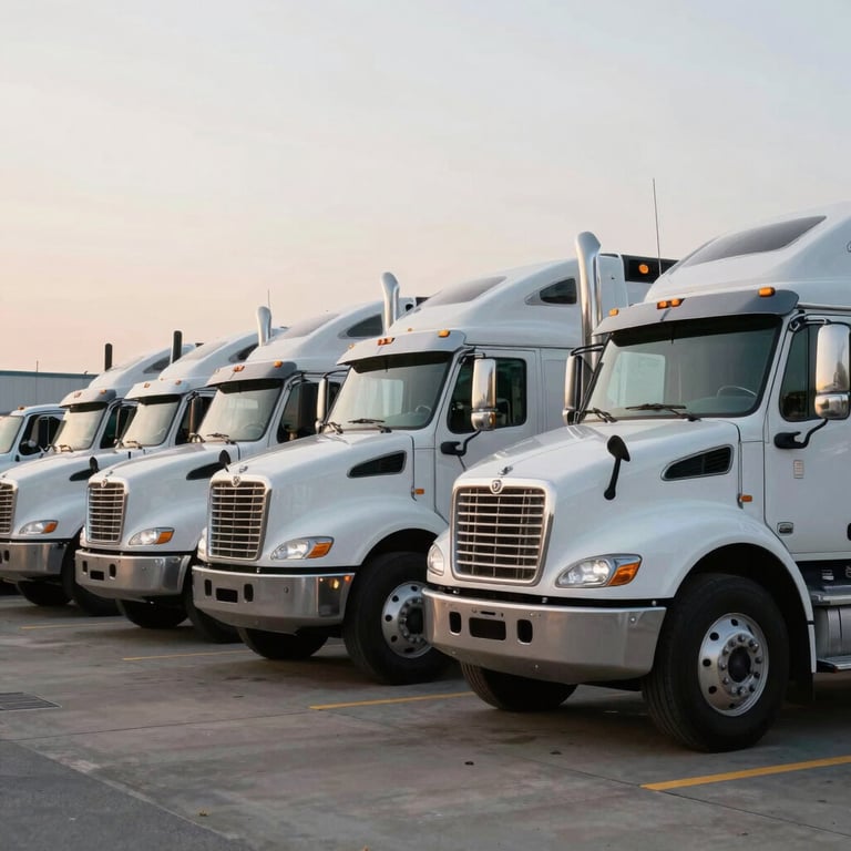 A fleet of white and silver construction trucks parked in a neat row at a staging site in the US, early morning light.