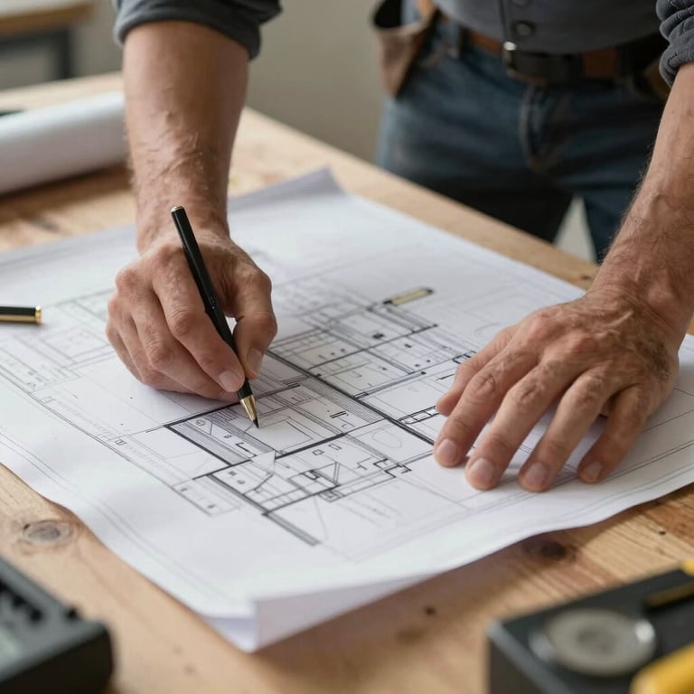 Close-up of a contractor's hands reviewing detailed blueprints on a wooden workbench, professional and grounded atmosphere.
