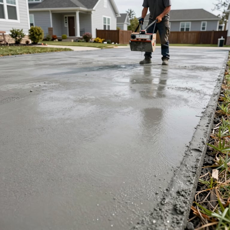 The final pour of concrete for a large residential driveway, smoothed to perfection by a professional worker in the North American region.