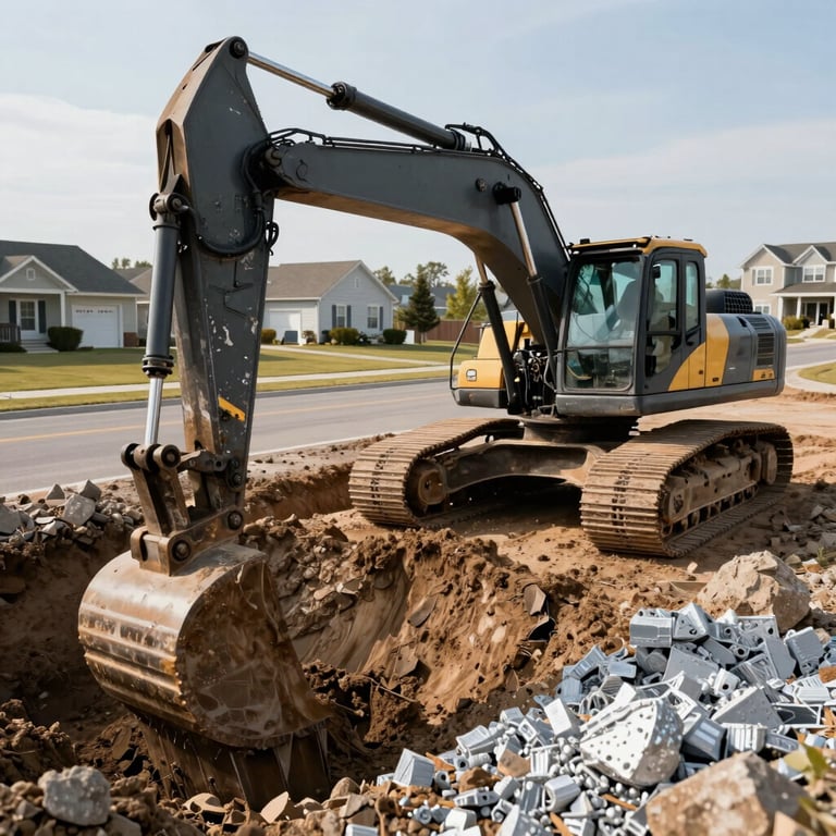 A heavy excavator digging a trench for a new road in a North American suburb, bright afternoon sun, charcoal metal machinery against silver soil.