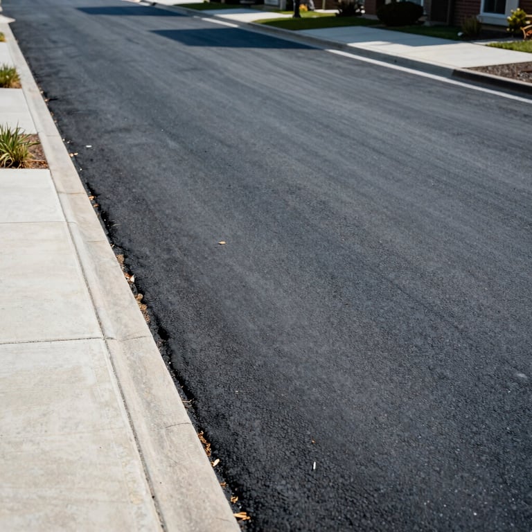 Ground-level view of a newly finished asphalt residential street with clean off-white curbs and slate blue shadows.