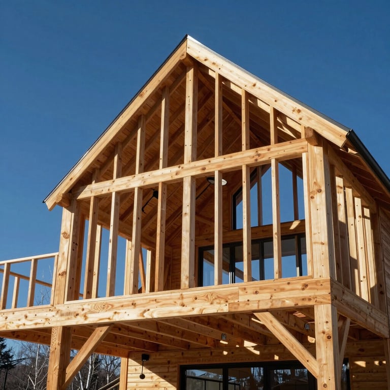 Architectural shot of a modern home's timber framing against a crisp New Hampshire blue sky, highlighting structural strength.