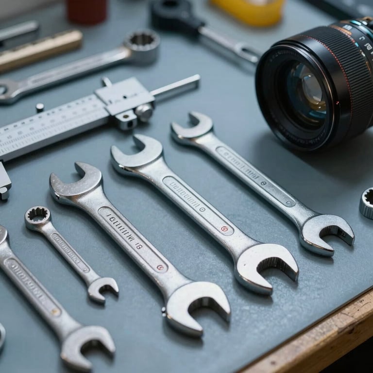 Detailed view of precision wrenches and calibrated tools resting on a clean Slate Blue workbench.