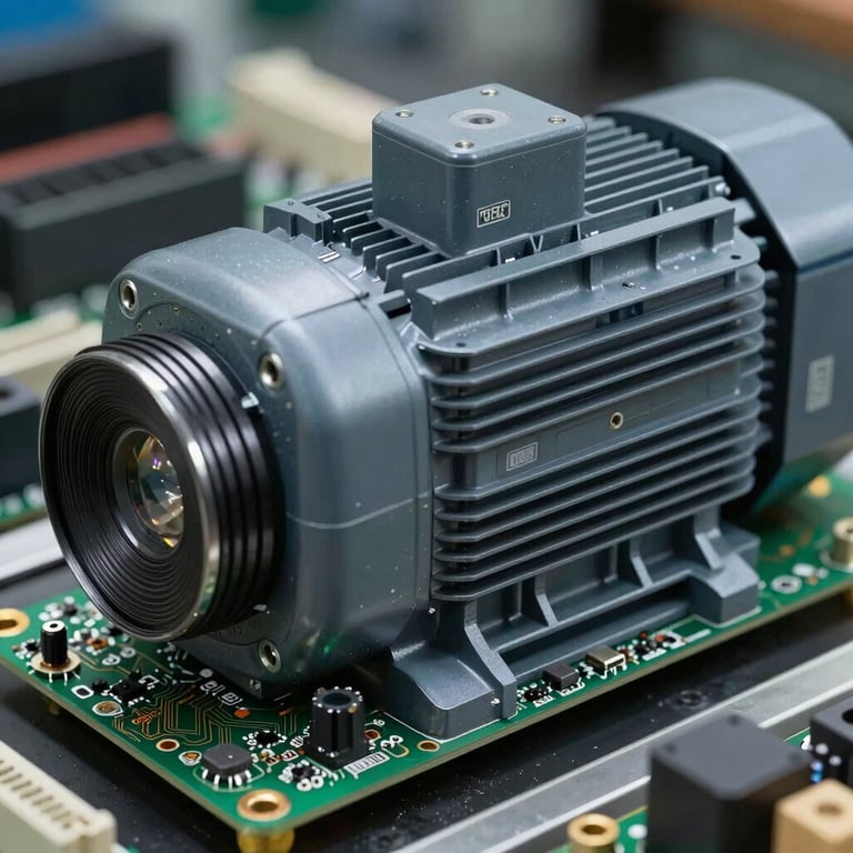 Macro shot of a high-tech circuit board within a heavy-duty industrial motor system.