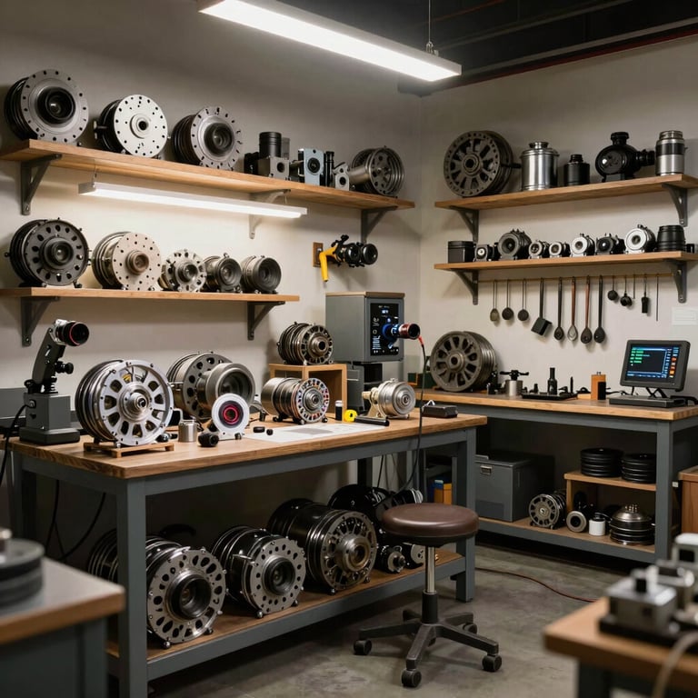 A well-lit, organized interior of a premium mechanical workshop in América do Sul / Brasileiro.