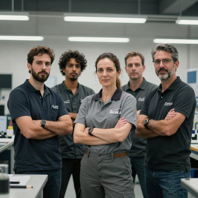 A professional team of technicians standing together in a modern América do Sul / Brasileiro workshop environment.