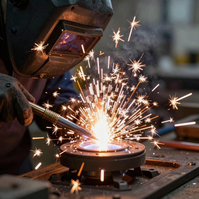 Close-up of sparks flying during a controlled electromechanical welding process, high-speed photography.