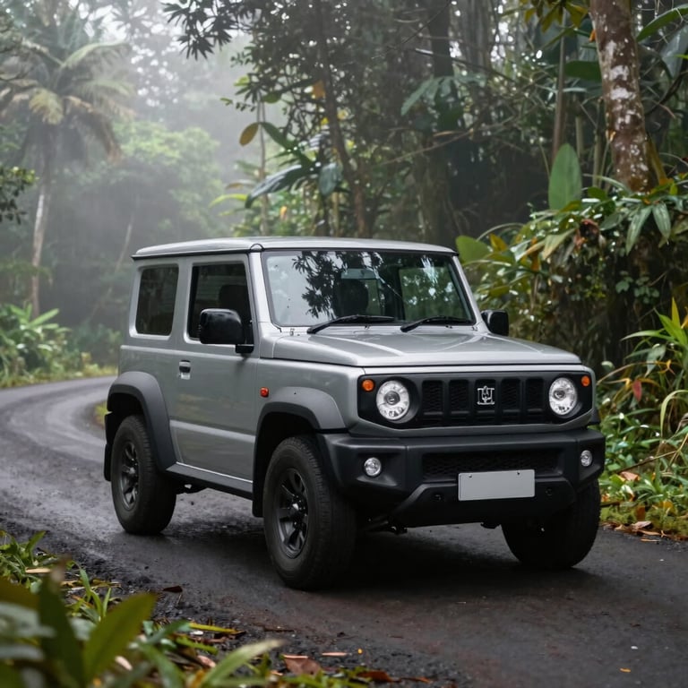 A silver Suzuki Jimny driving through a misty tropical forest road in Indonesia, professional automotive photography.