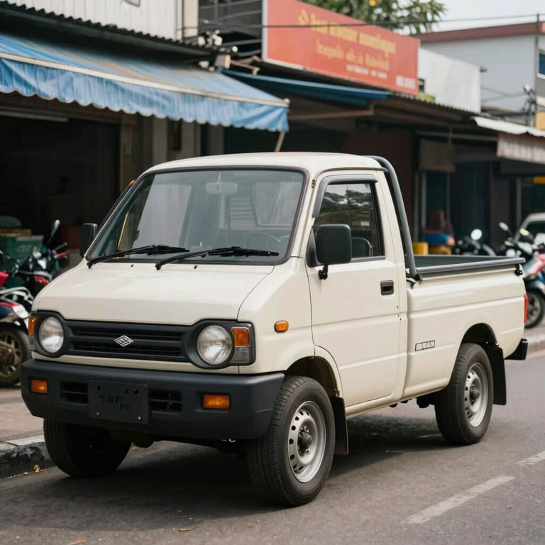 A Suzuki Carry pick-up parked in a vibrant Indonesian commercial district, clean and professional look.
