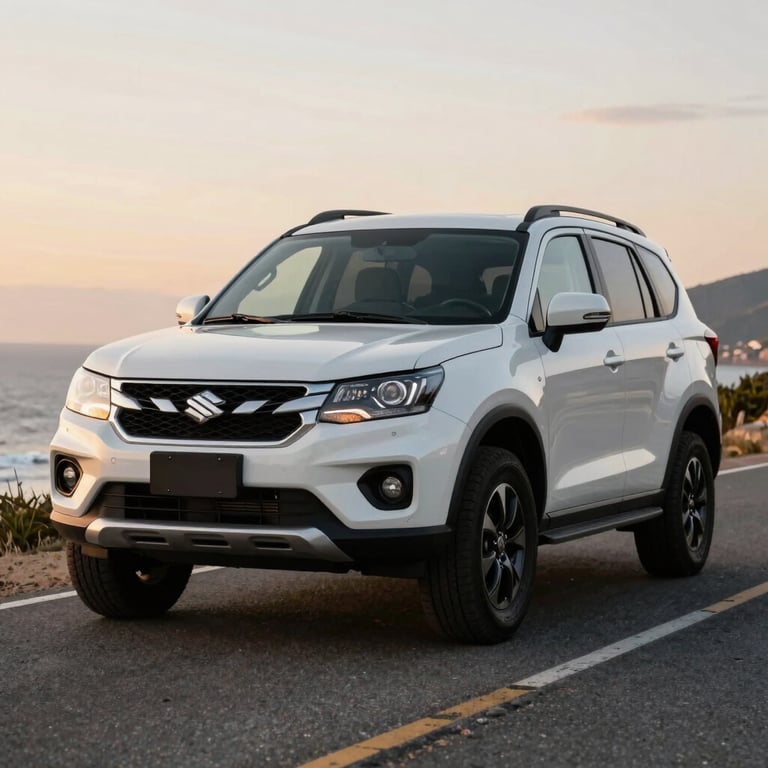 A white Suzuki XL7 showing its rugged front profile on a coastal road during sunset.