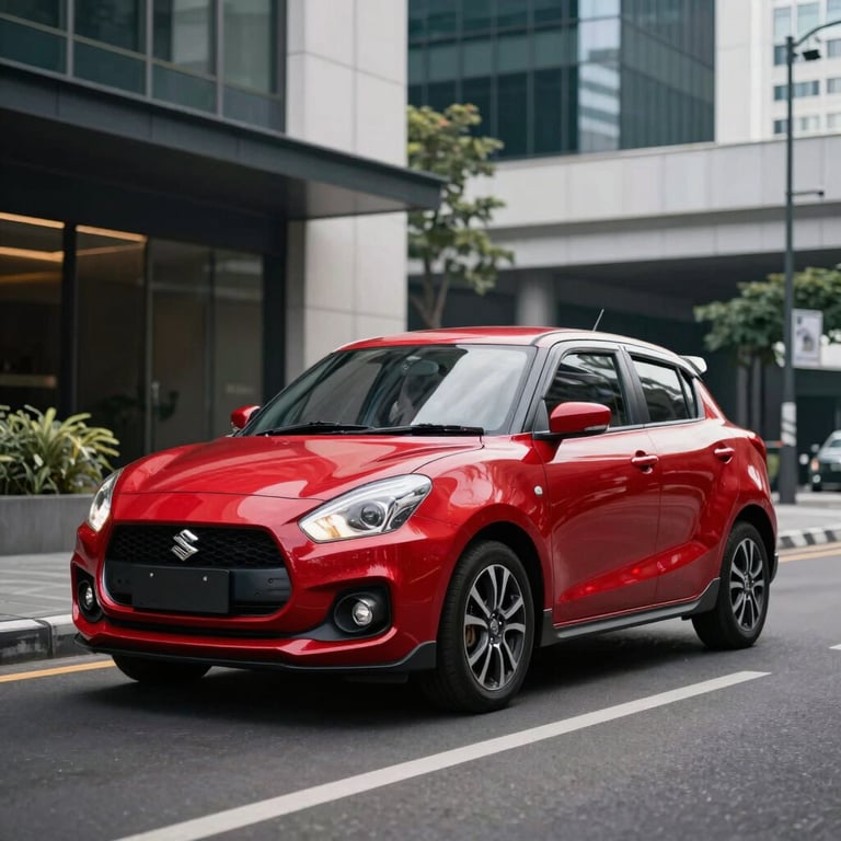 A red Suzuki Swift parked in a stylish urban area with modern architecture in Jakarta, daylight setting.