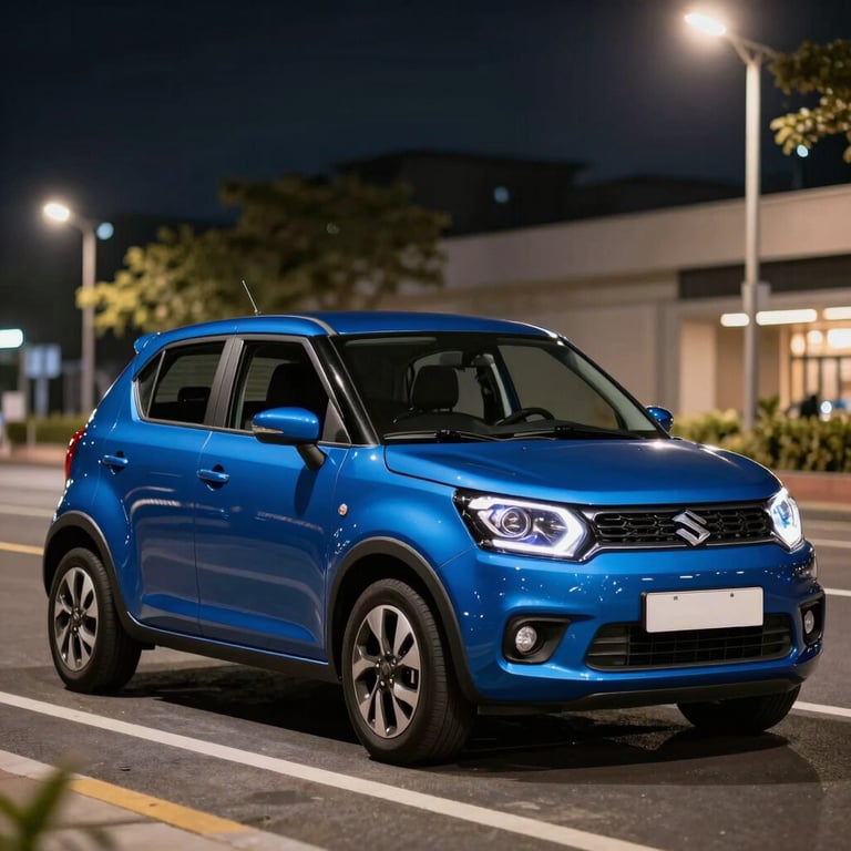 A blue Suzuki Ignis parked under bright city lights at night, emphasizing its compact and modern design.