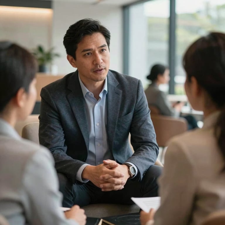 Professional South American / Colombian advisor talking to a client in a modern lounge.