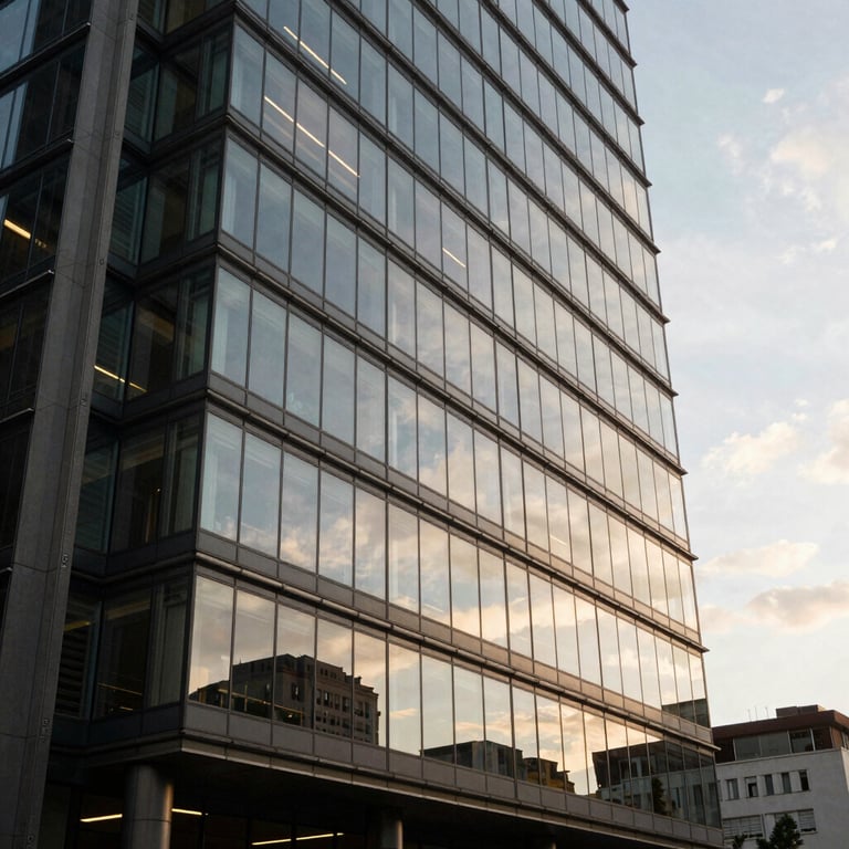 The exterior of a sleek glass office building in Bogotá during golden hour.