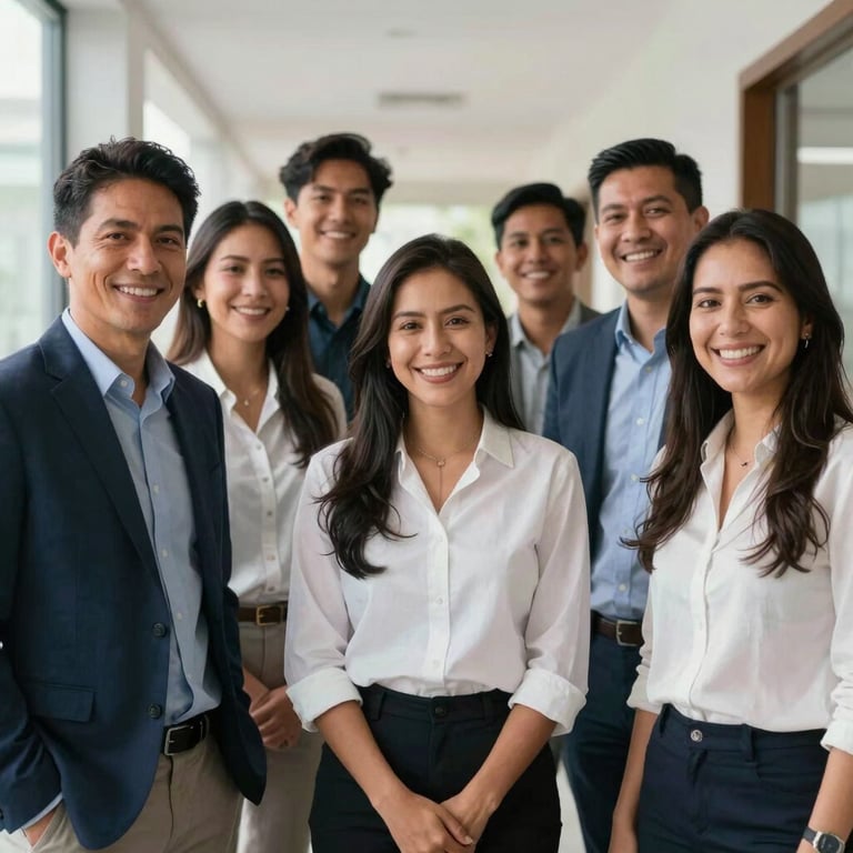 A group of diverse South American / Colombian professionals smiling in a bright corridor.
