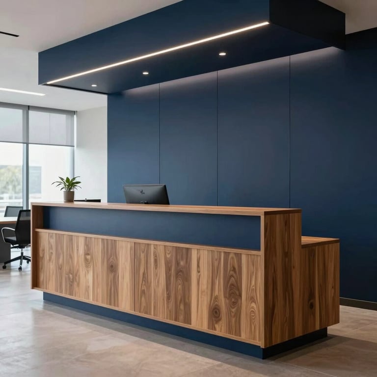A modern office reception area with elegant dark blue and wood finishes.