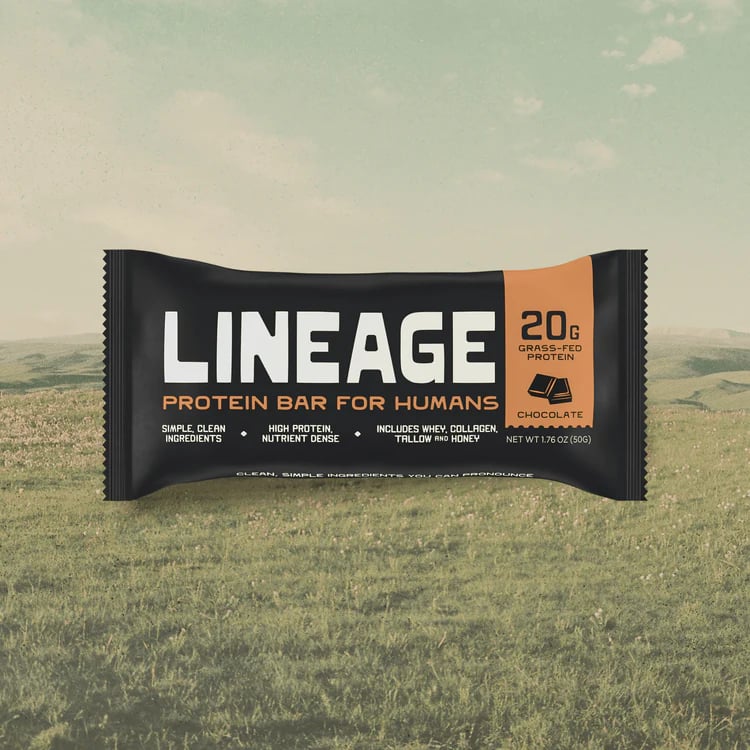 Lineage chocolate protein bar with 20g grass-fed protein 