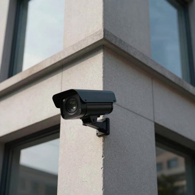 A black outdoor security camera mounted high on the corner of a contemporary North American building.
