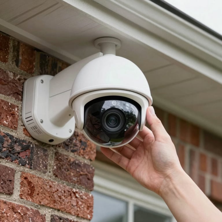 Close-up of a professional tool adjusting a white dome security camera on a North American brick house exterior.
