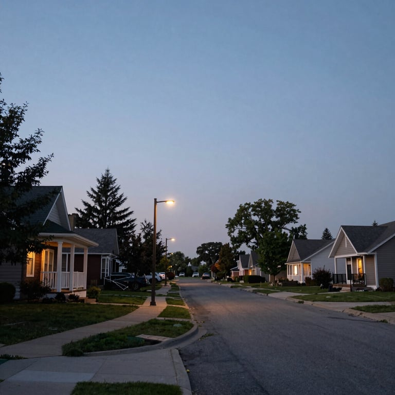 A wide, peaceful shot of a North American neighborhood at dusk, with soft streetlights implying a safe environment.